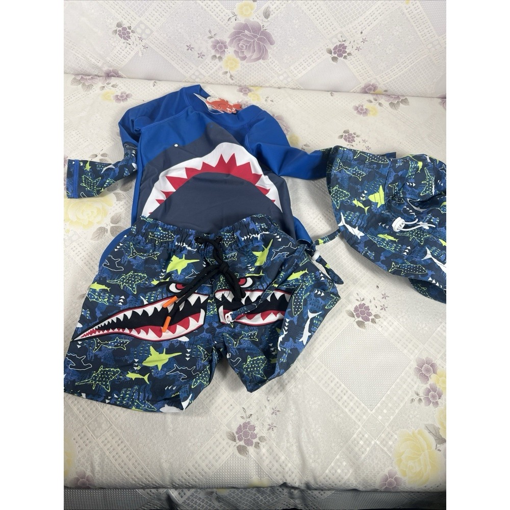 Toddler 3 pc Swim Trunks, Long Slv Shirt And Matching Hat Sz 6-9‎ Month
